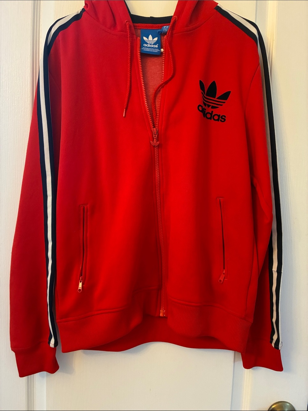 adidas Red Hooded Track Jacket with Black Trefoil and Stripe Accents